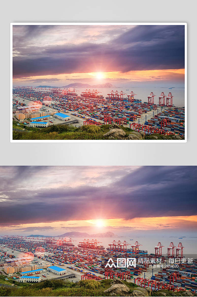 夕阳货轮船舶集装箱码头港口图片素材
