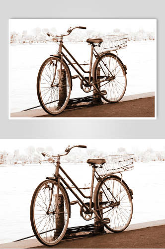 河边老旧自行车摄影图片