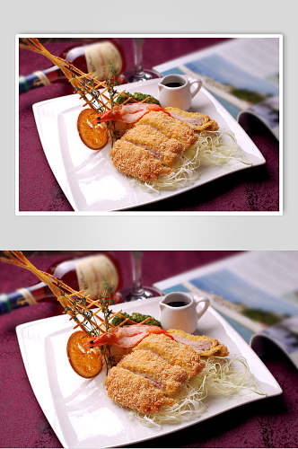 主菜黄金千层炸猪排配大虾摄影图
