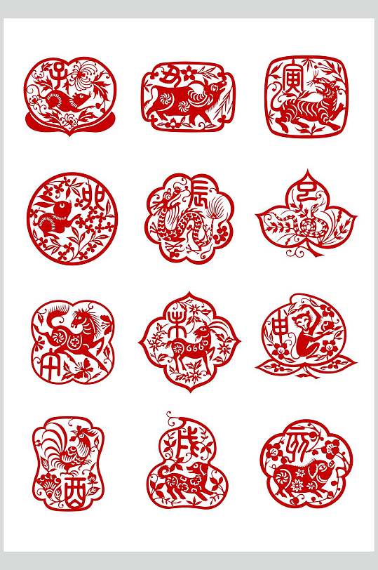 十二生肖剪纸矢量素材