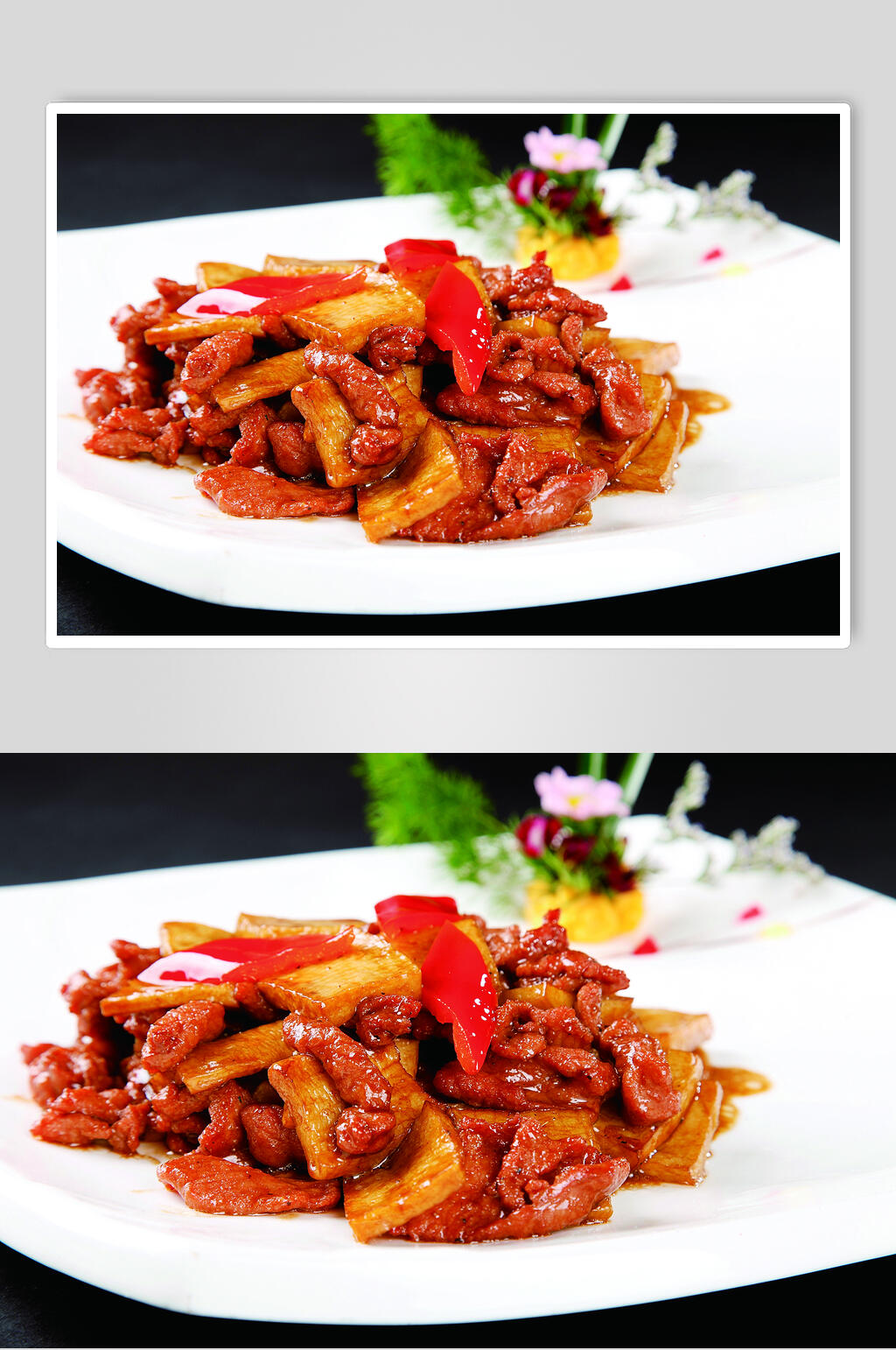 菌王炒鹿肉食物摄影图片素材