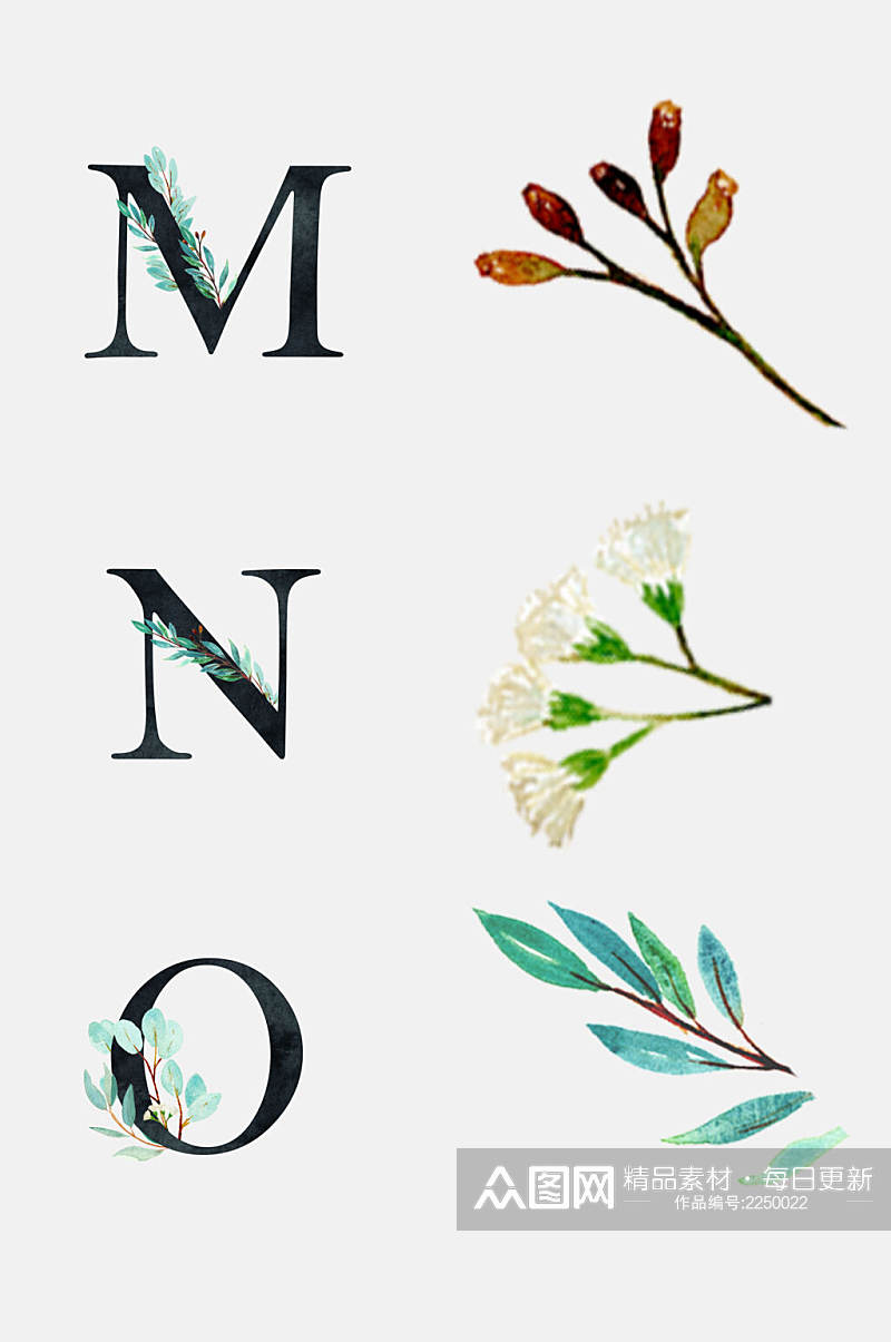 水彩花朵树叶水彩免抠字体元素素材