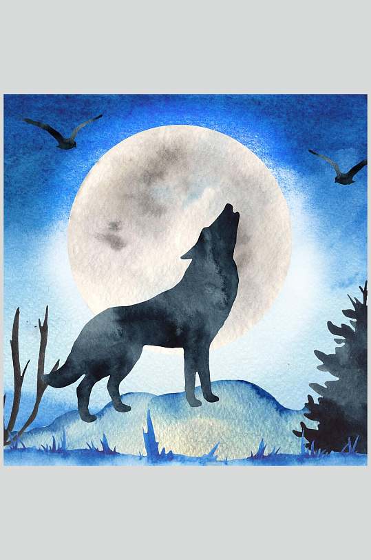 狼水彩手绘冬季景观图片