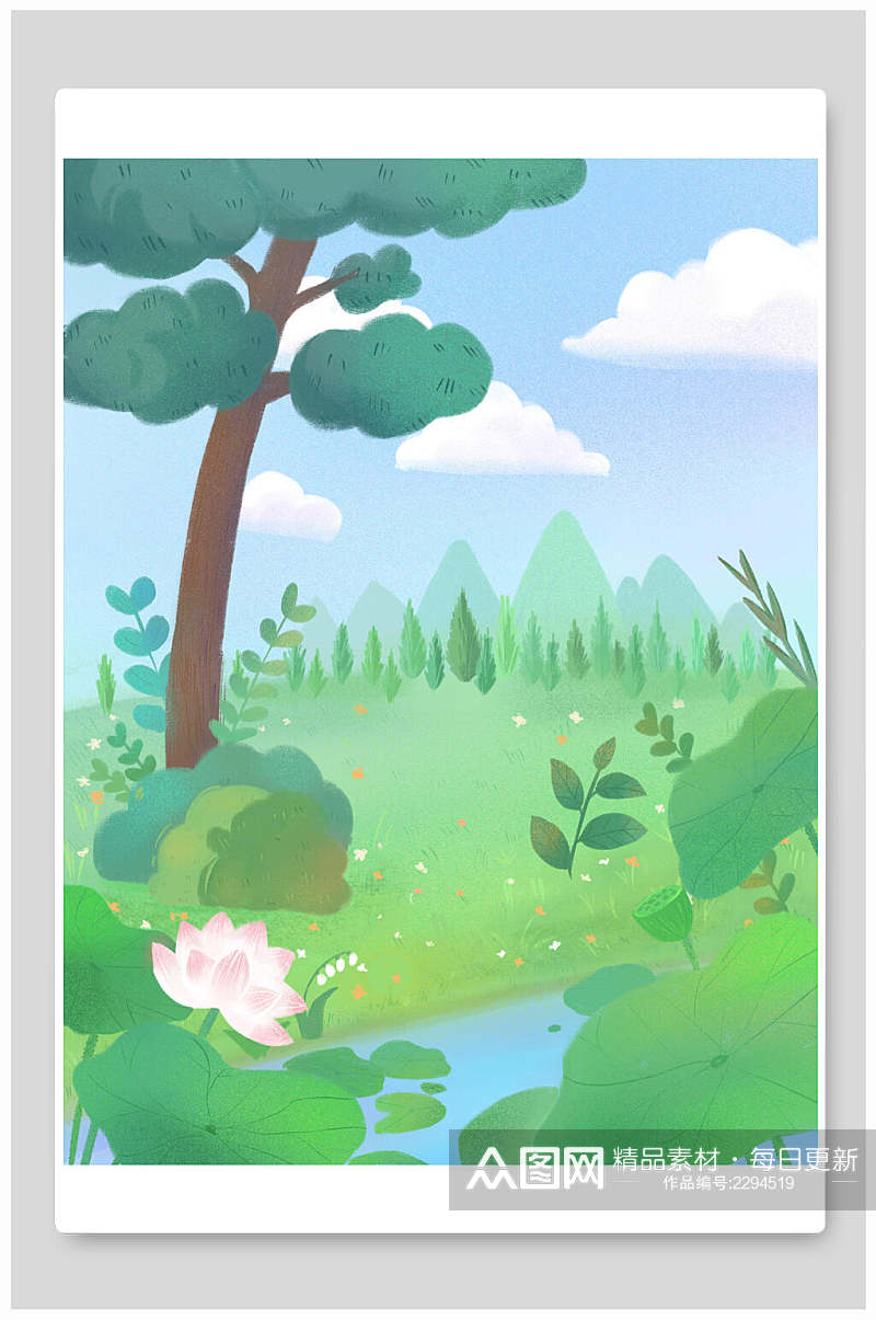 水彩荷花森林草地插画背景素材素材