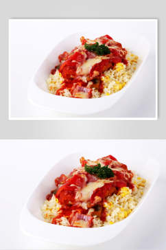 茄汁焗猪扒饭食物摄影图片