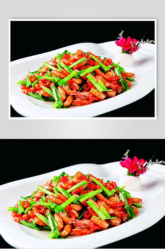 韭菜炒河虾食物高清图片