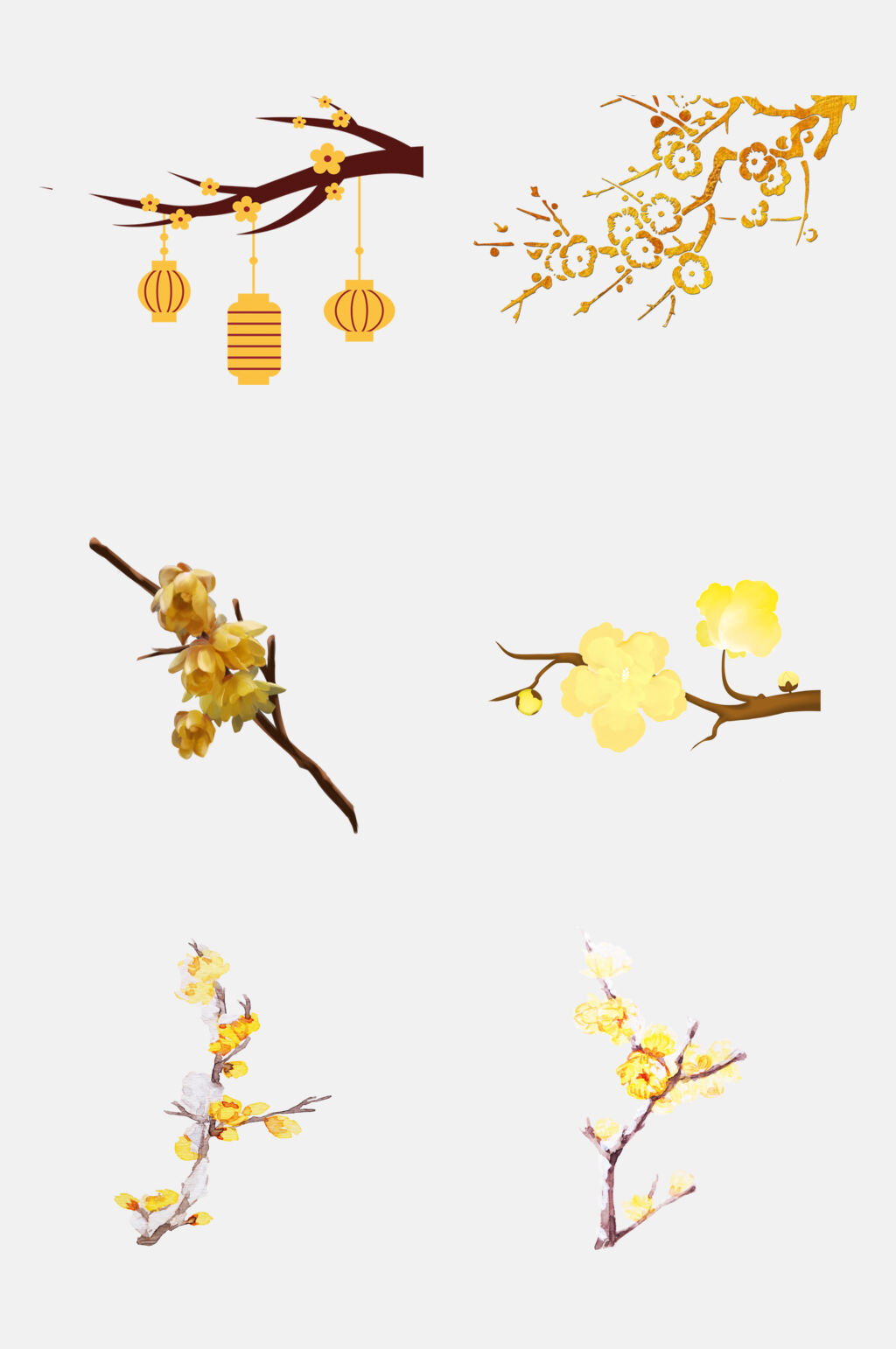 水墨黄色灯笼梅花免扣素材素材
