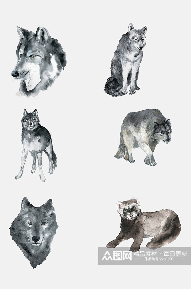 水彩手绘动物狼免抠元素素材
