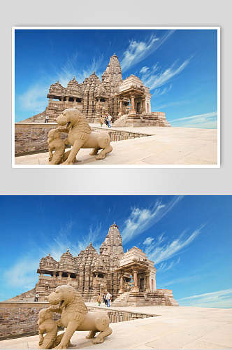 狮子印度宗教寺庙古建筑景观摄影图
