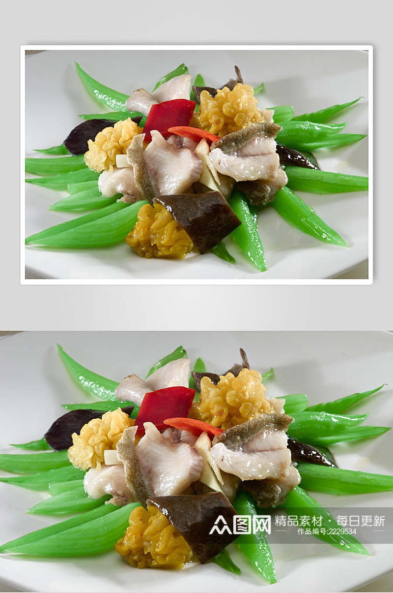 芥菜黄耳炒桂鱼食物摄影图片素材