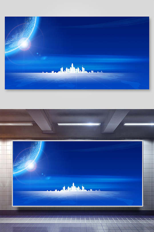蓝色背景月亮城市炫光科技背景展板-众图网