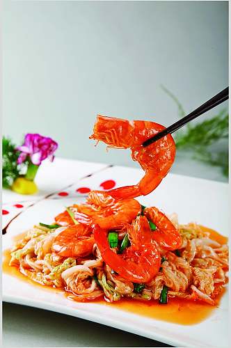 松菜炒大虾食物摄影图片