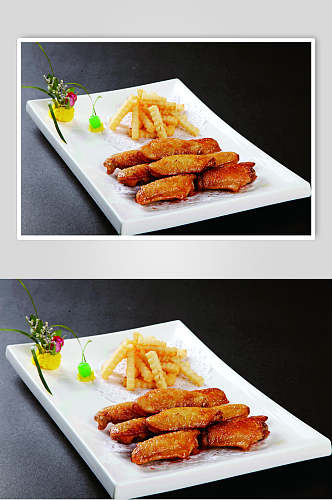 蒜茸鸡中翅拼薯条食物摄影图片
