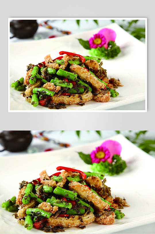 雪菜豆角炒鸡排食物高清图片