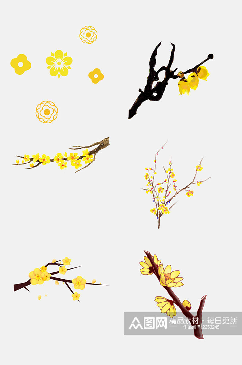 水墨黄色花卉植物梅花免扣素材素材