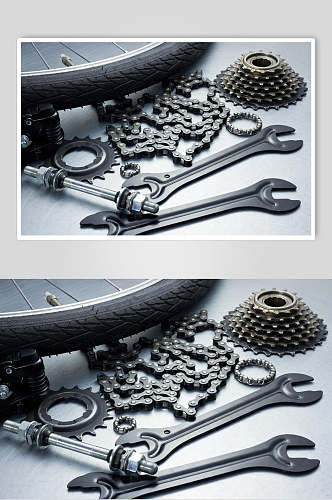 老旧自行车拆装工具摄影图片