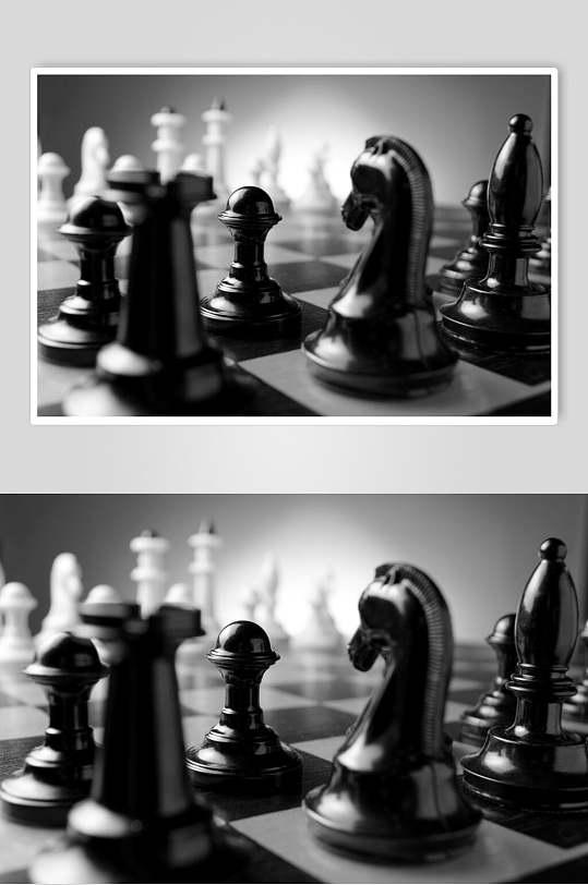 黑白马头国际象棋棋盘棋局摄影图