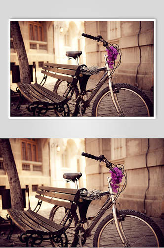 老旧自行车休闲椅摄影图片