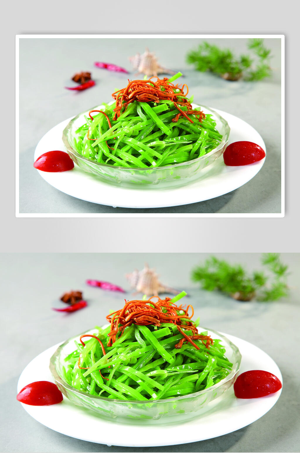 虫草花拌芥兰豆食物摄影图片素材