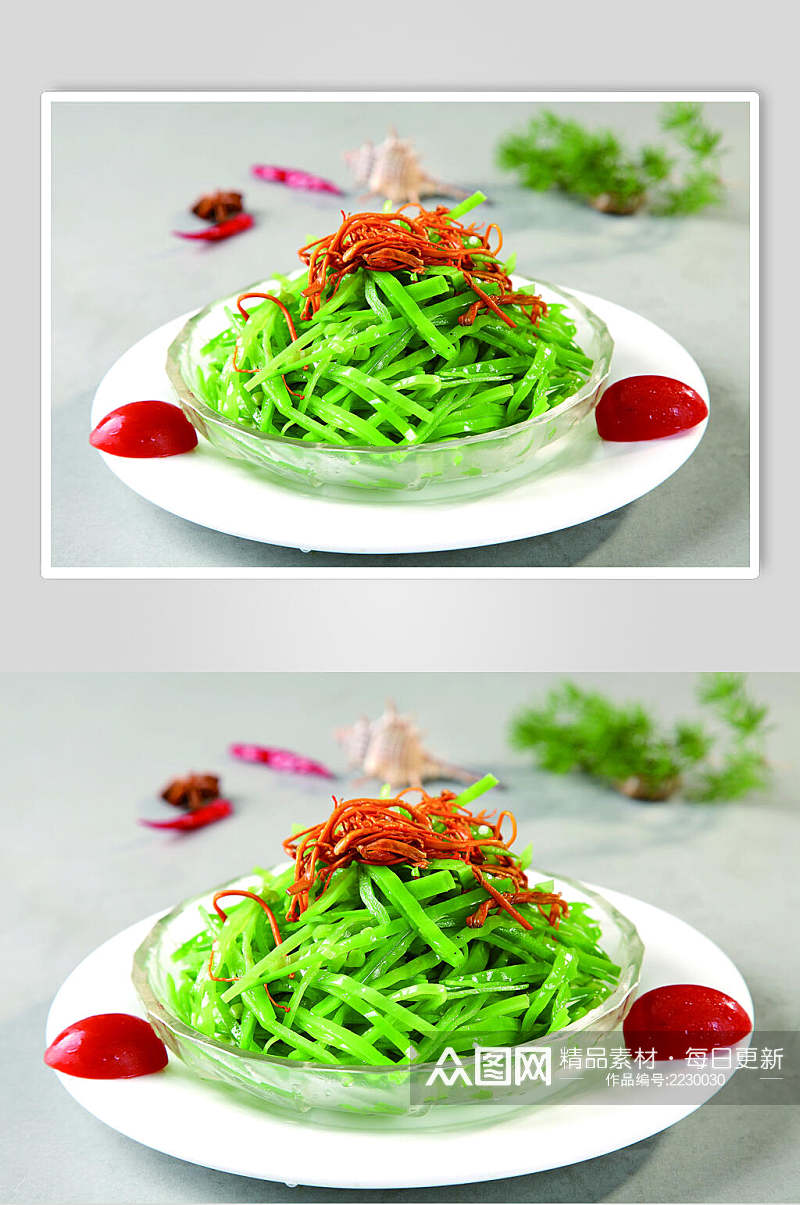 虫草花拌芥兰豆食物摄影图片素材