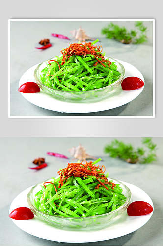 虫草花拌芥兰豆食物摄影图片