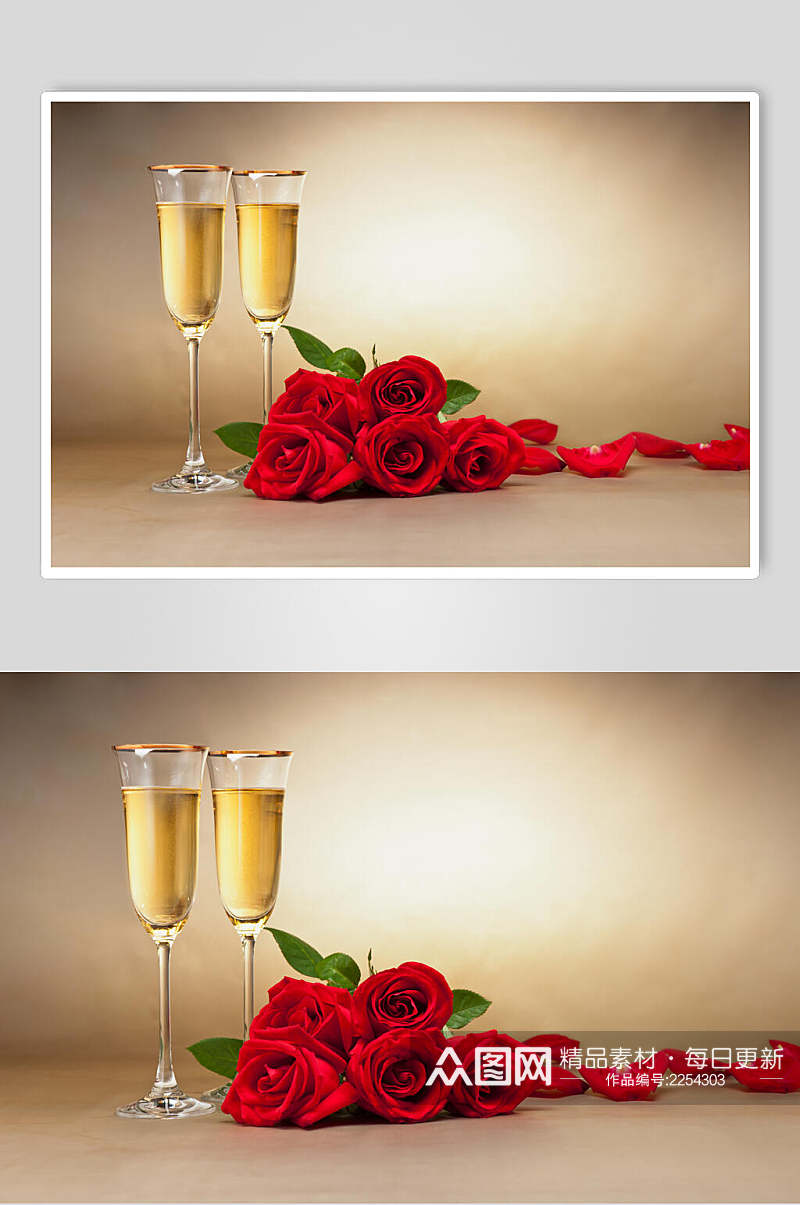 红色玫瑰红香槟高脚杯高清图片素材