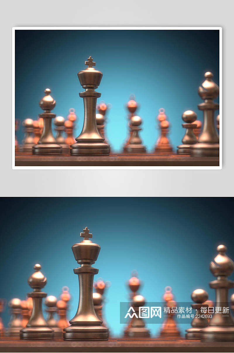 蓝色背景国际象棋棋盘棋局摄影图素材