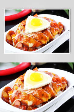香肠菠萝煎蛋焗吉列猪扒饭食物高清图片
