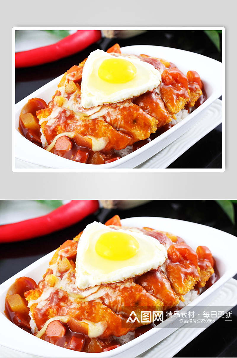 香肠菠萝煎蛋焗吉列猪扒饭食物高清图片素材