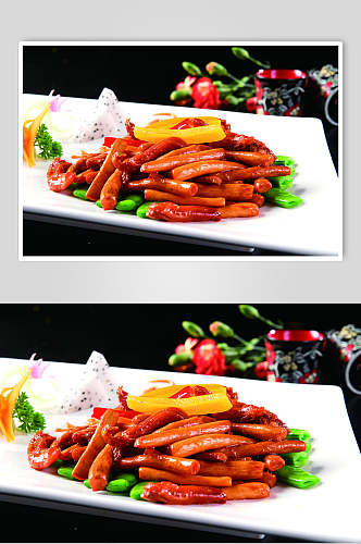 茶树菇炒鸭利食物摄影图片