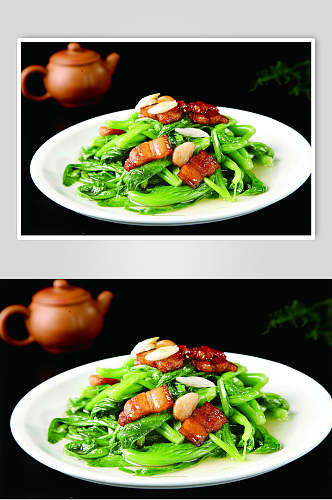 煸肉炝芥菜苗食物摄影图片