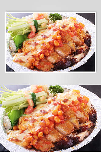 芝士焗鲜茄汁黄豆猪扒饭食物摄影图片
