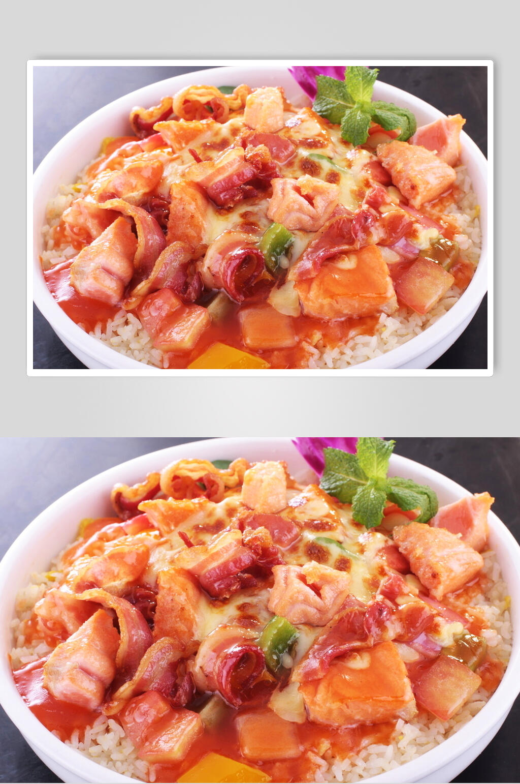 芝士三文鱼烟肉焗饭食物摄影图片素材