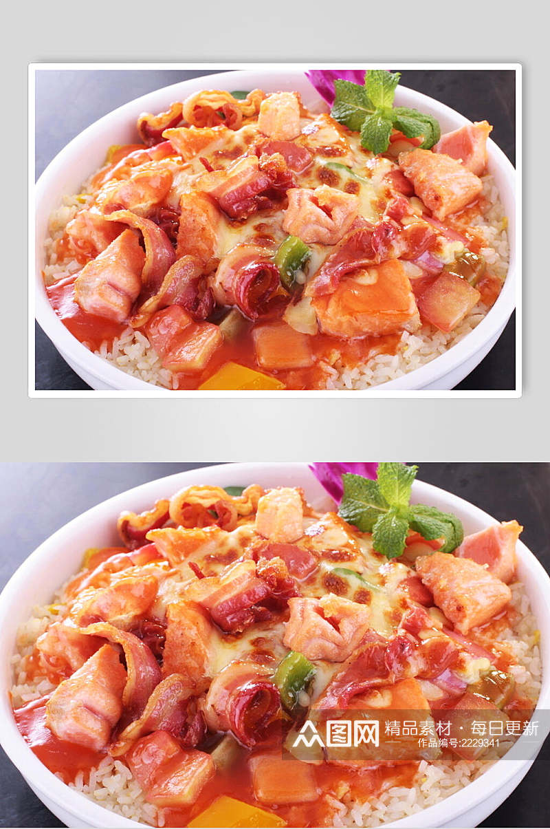 芝士三文鱼烟肉焗饭食物摄影图片素材