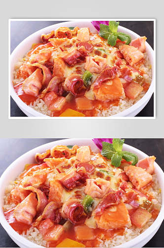 芝士三文鱼烟肉焗饭食物摄影图片