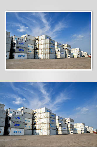 蓝天白云天空货轮船舶集装箱码头港口图片