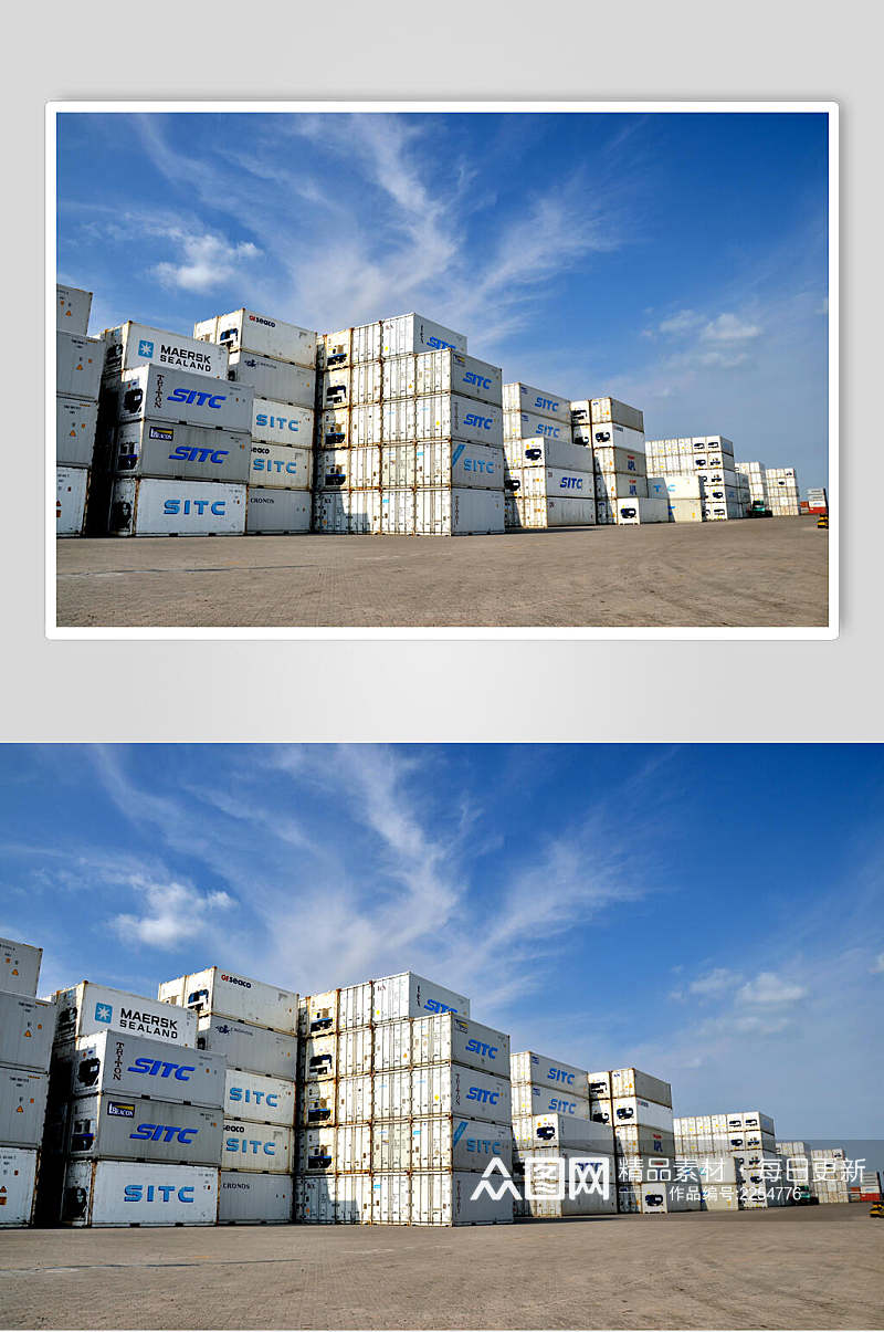 蓝天白云天空货轮船舶集装箱码头港口图片素材