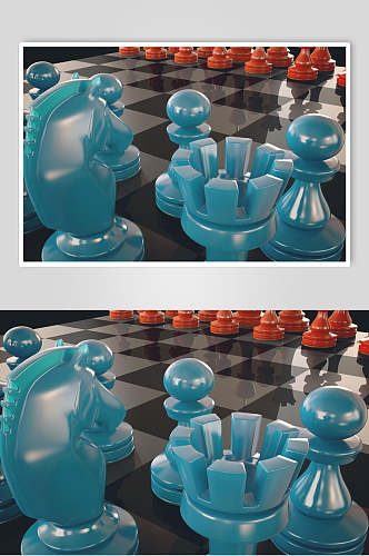 蓝色国际象棋棋盘棋局摄影图