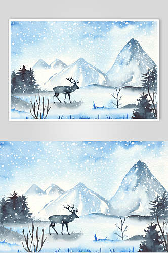 麋鹿水彩手绘冬季景观图片
