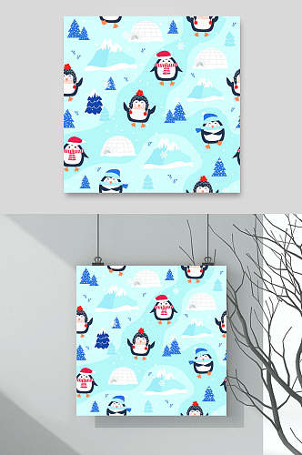 蓝色背景卡通企鹅圣诞背景