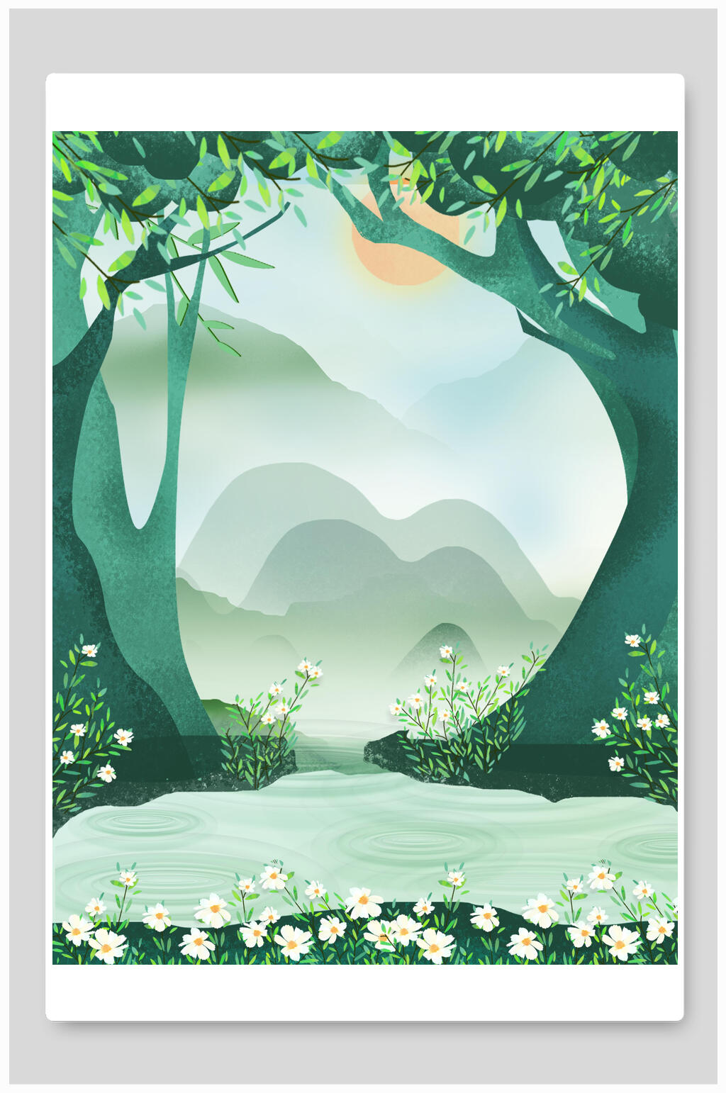 春天绿色草地插画背景素材