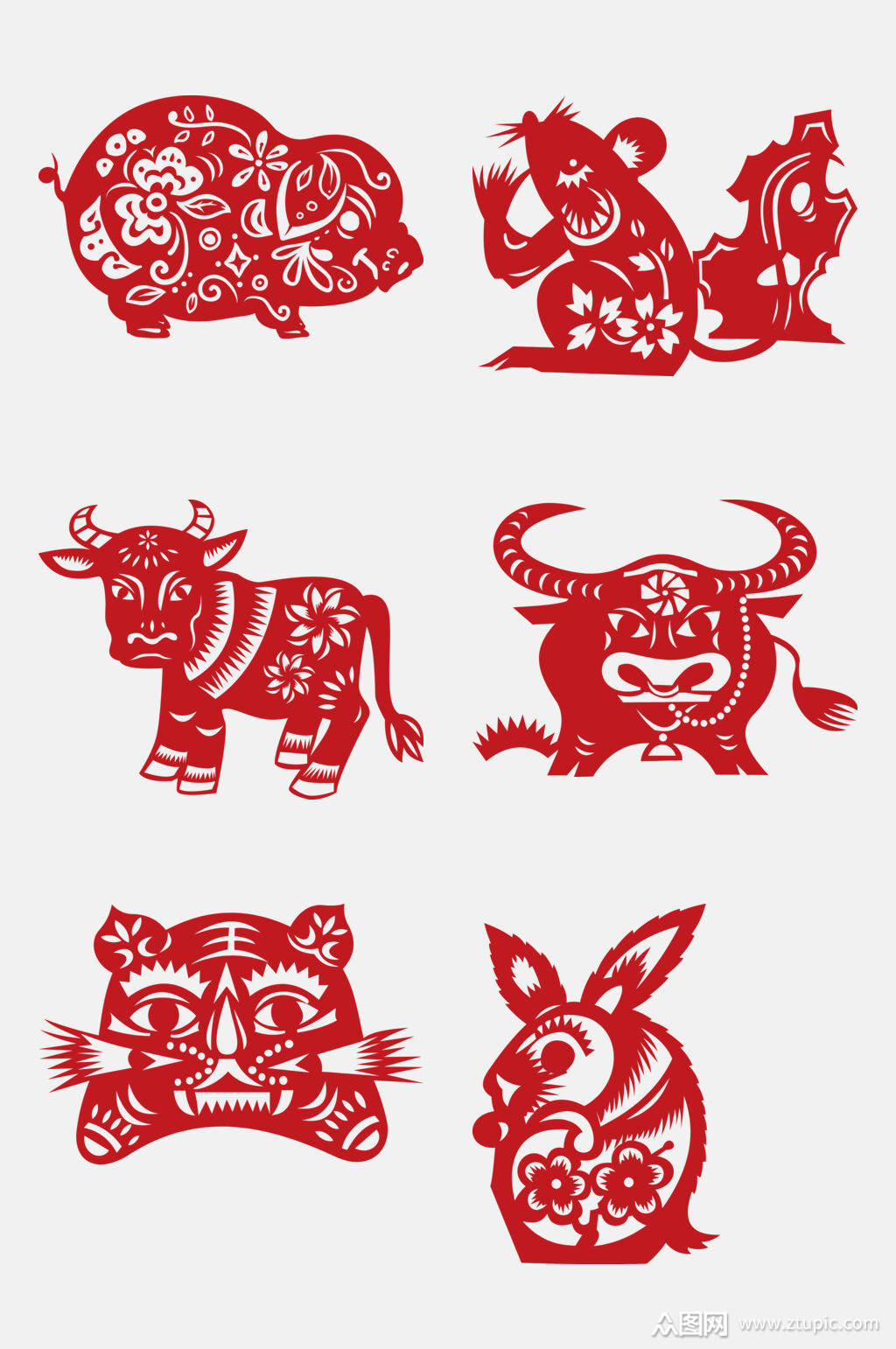 唯美十二生肖剪纸图案免抠元素素材