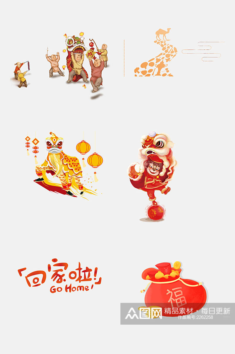中国风舞狮福袋春节新年免抠元素素材