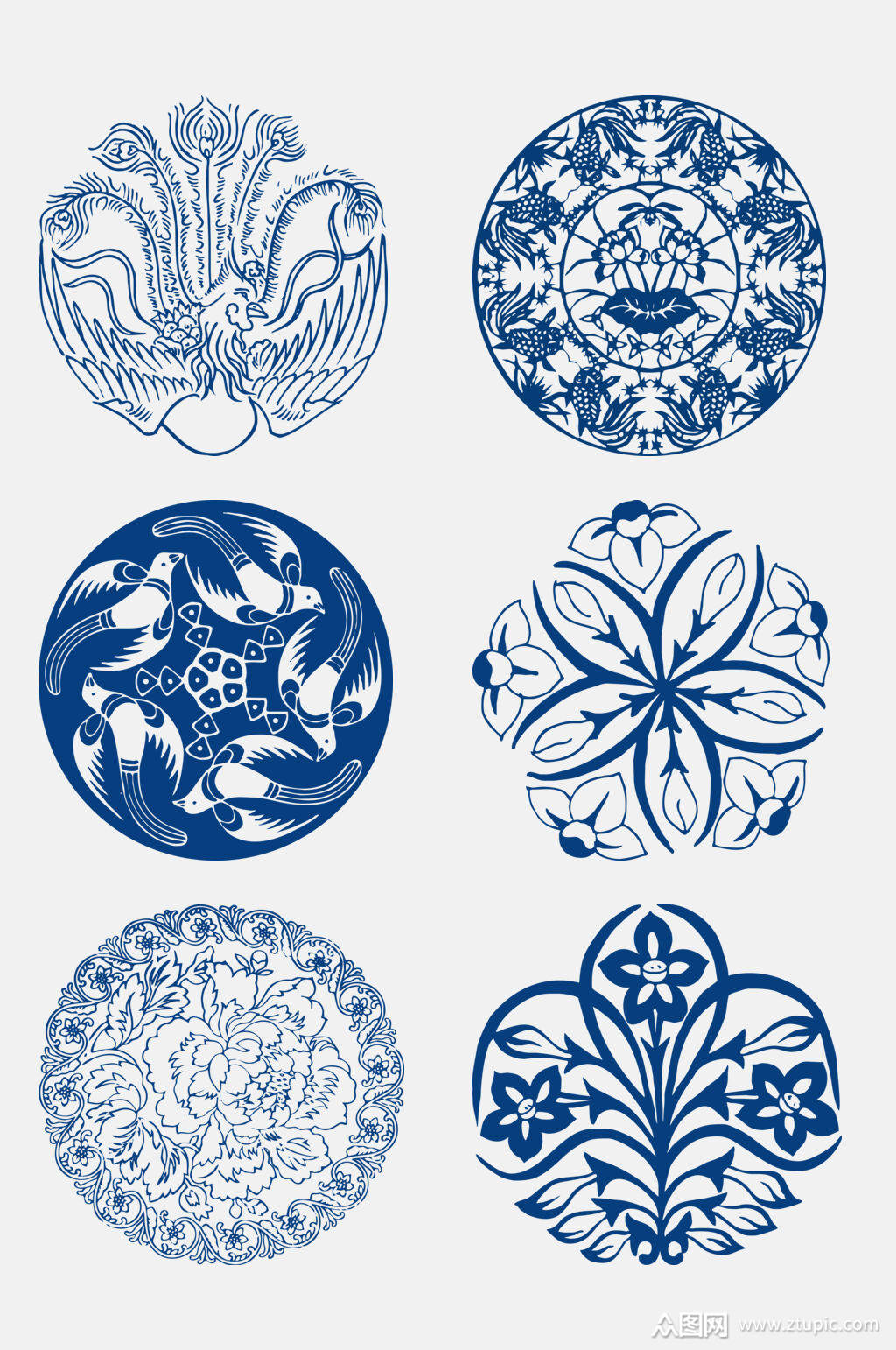 中国风深蓝中国花卉图案免抠元素