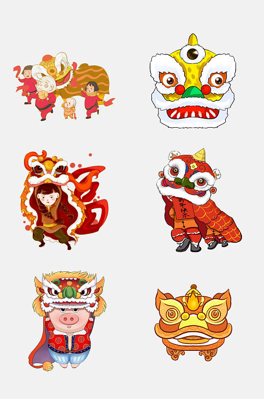 中国风卡通春节舞龙舞狮免抠素材