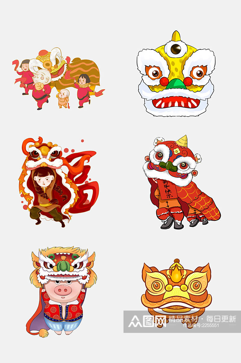 中国风卡通春节舞龙舞狮免抠素材素材