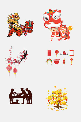 中国风春节新年舞狮摇钱树免抠元素