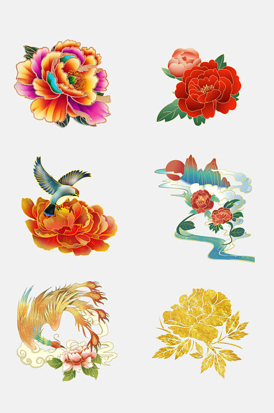 国潮中国风花开富贵牡丹花朵免抠素材