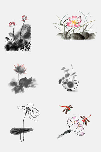 手绘中国风水墨蜻蜓荷花荷叶免抠素材
