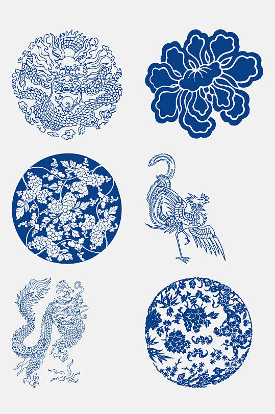 唯美深蓝中国花卉中国龙图案免抠元素